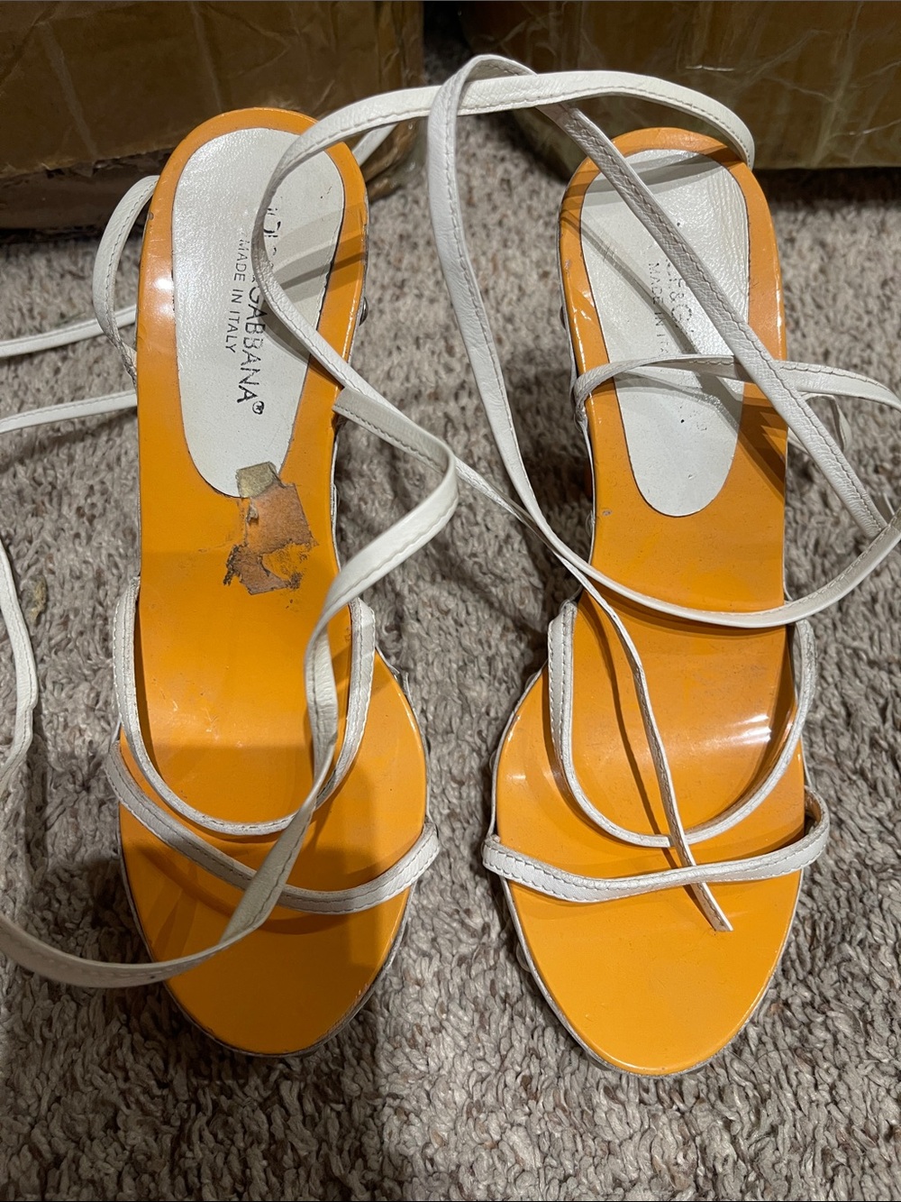 Dolce & Gabbana White Strappy Heeled Sandals with Orange Insole